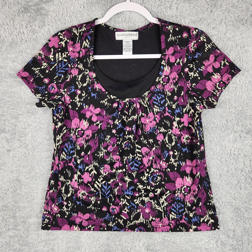Vintage Sag Harbor Blouse Womens Petite Medium Multicolor Floral Geometric Y2k